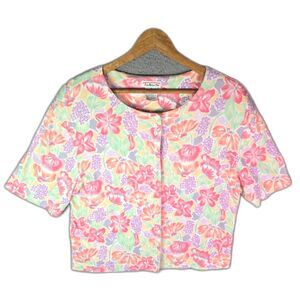 Talbots Cropped Blouse Pastel Floral XL Cottagecore Vintage 90s Cotton